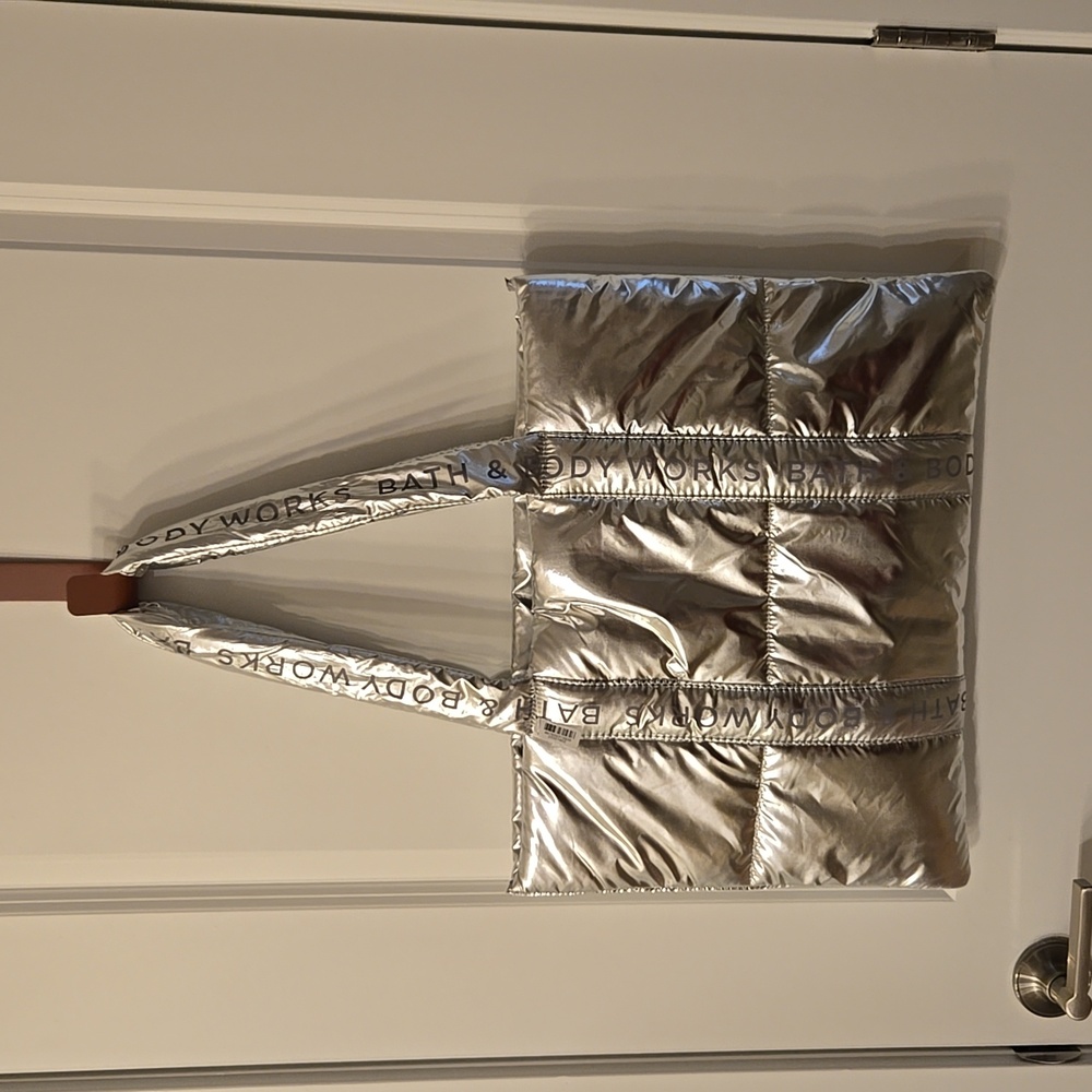 Bath and Body Works Large Metallic Silver Puffer Tote Bag NWT